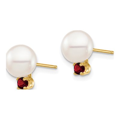 14K Yellow Gold Round Freshwater Cultured Pearl & Garnet Stud Earrings – view 2