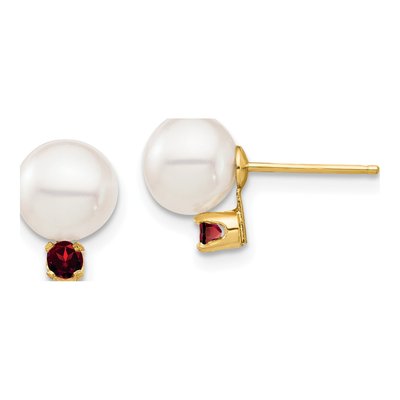 14K Yellow Gold Round Freshwater Cultured Pearl & Garnet Stud Earrings