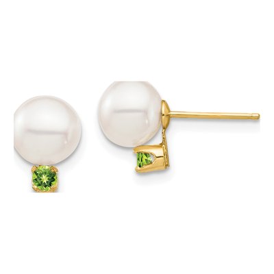 14K Yellow Gold Round Freshwater Cultured Pearl & Peridot Stud Earrings