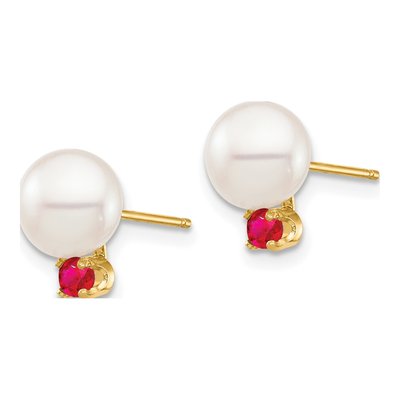 14K Yellow Gold Round Freshwater Cultured Pearl & Ruby Stud Earrings – view 2