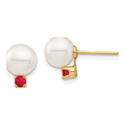 14K Yellow Gold Round Freshwater Cultured Pearl & Ruby Stud Earrings