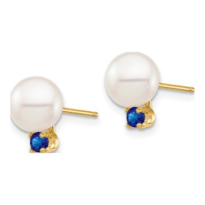 14K Yellow Gold Round Freshwater Cultured Pearl & Sapphire Stud Earrings – view 2