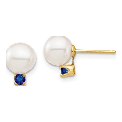 14K Yellow Gold Round Freshwater Cultured Pearl & Sapphire Stud Earrings