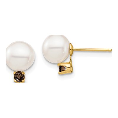14K Yellow Gold Freshwater Cultured Pearl & Smoky Quartz Round 18SQ Smokey Stud Earrings