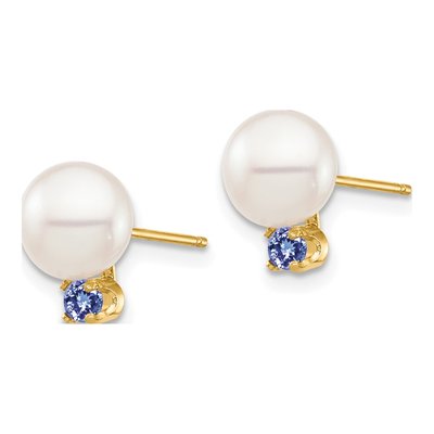 14K Yellow Gold Round Freshwater Cultured Pearl & Tanzanite Stud Earrings – view 2