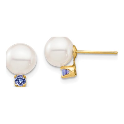 14K Yellow Gold Round Freshwater Cultured Pearl & Tanzanite Stud Earrings