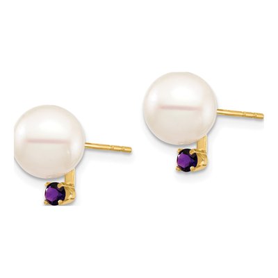 14K Yellow Gold Round Freshwater Cultured Pearl & Amethyst Stud Earrings – view 2