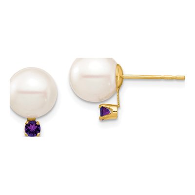 14K Yellow Gold Round Freshwater Cultured Pearl & Amethyst Stud Earrings