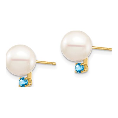 14K Yellow Gold Round Freshwater Cultured Pearl & Swiss Blue Topaz Stud Earrings – view 2