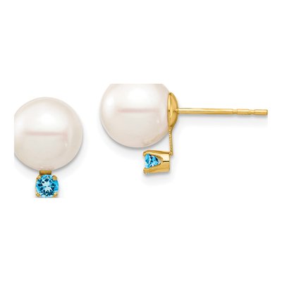 14K Yellow Gold Round Freshwater Cultured Pearl & Swiss Blue Topaz Stud Earrings