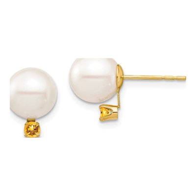 14K Yellow Gold Round Freshwater Cultured Pearl & Citrine Stud Earrings