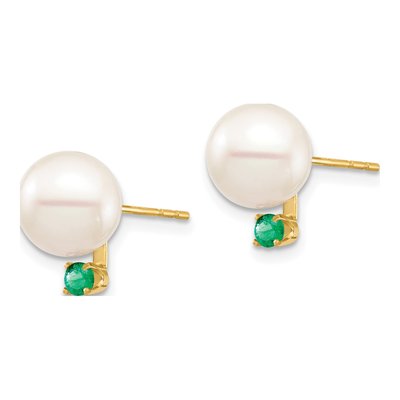 14K Yellow Gold Round Freshwater Cultured Pearl & Emerald Stud Earrings – view 2