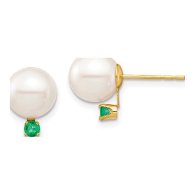 14K Yellow Gold Round Freshwater Cultured Pearl & Emerald Stud Earrings
