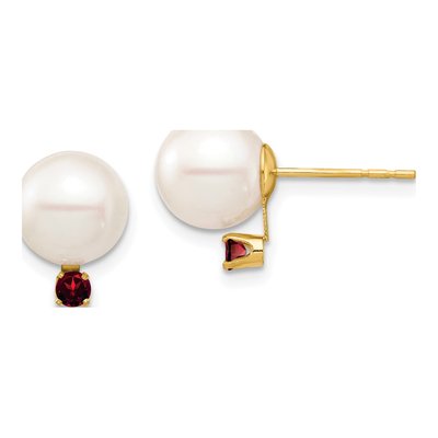 14K Yellow Gold Freshwater Cultured Pearl & Garnet Round 18GA Stud Earrings