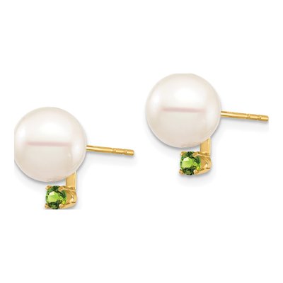 14K Yellow Gold Round Freshwater Cultured Pearl & Peridot Stud Earrings – view 2