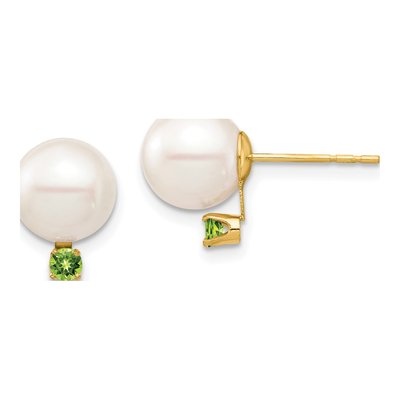 14K Yellow Gold Round Freshwater Cultured Pearl & Peridot Stud Earrings