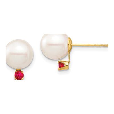 14K Yellow Gold Round Freshwater Cultured Pearl & Ruby Stud Earrings