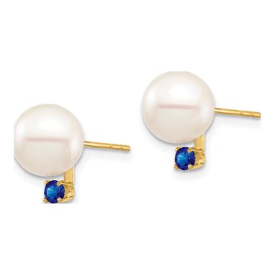 14K Yellow Gold Round Freshwater Cultured Pearl & Sapphire Stud Earrings – view 2