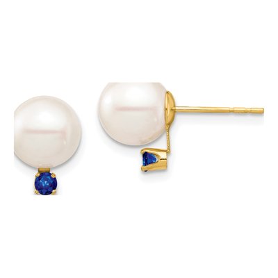 14K Yellow Gold Round Freshwater Cultured Pearl & Sapphire Stud Earrings