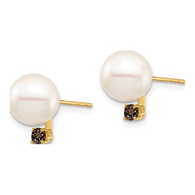 14K Yellow Gold Freshwater Cultured Pearl & Smoky Quartz Round 18SQ Stud Earrings – view 2