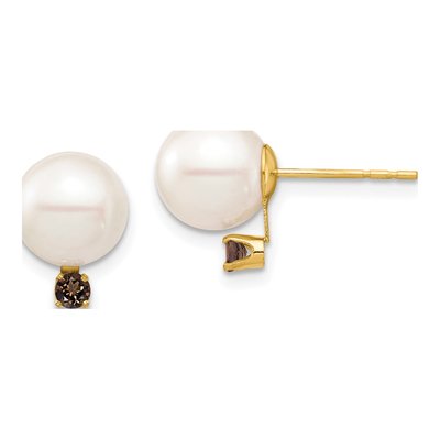14K Yellow Gold Freshwater Cultured Pearl & Smoky Quartz Round 18SQ Stud Earrings
