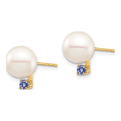 14K Yellow Gold Round Freshwater Cultured Pearl & Tanzanite Stud Earrings – view 2
