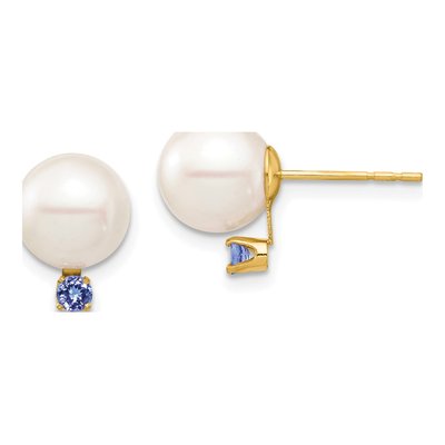 14K Yellow Gold Round Freshwater Cultured Pearl & Tanzanite Stud Earrings