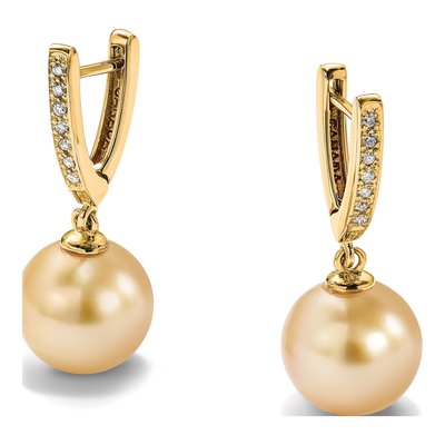14K Yellow Gold 1/10 ct tw 27mm Cultured Pearl & Diamond Huggie Hoop Earrings – view 5