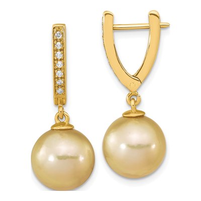 14K Yellow Gold 1/10 ct tw 27mm Cultured Pearl & Diamond Huggie Hoop Earrings