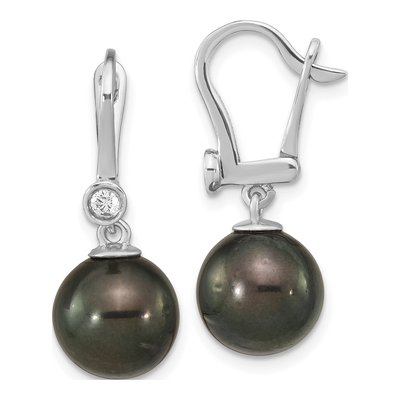 14K White Gold 1/10 ct tw Black Tahitian Cultured Pearl & Diamond Dangle Earrings