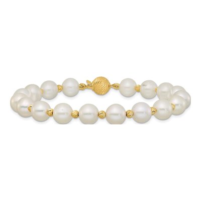 14K Yellow Gold Freshwater Cultured Pearl Near-Round Diamond-Cut Beaded Bracelet – view 3