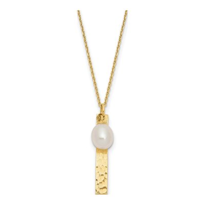 14K Yellow Gold Freshwater Cultured Pearl Hammered Rice Necklace
