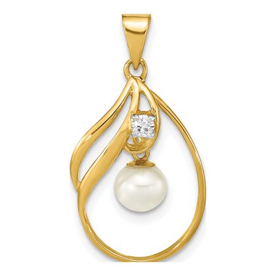14K Yellow Gold 1/20 ct tw Freshwater Cultured Pearl & Diamond Round Pendant