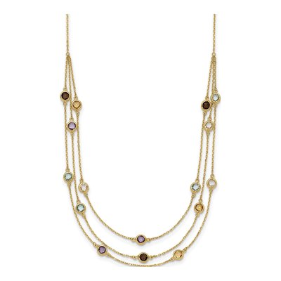 14K Yellow Gold Smoky Quartz & Amethyst 3-Strand 17-inch Necklace