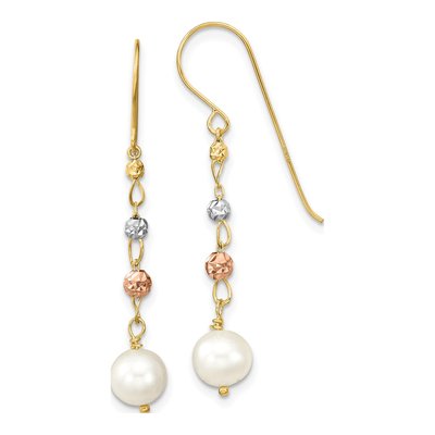 14K Two-Tone Gold Freshwater Cultured Pearl Dangle Earrings