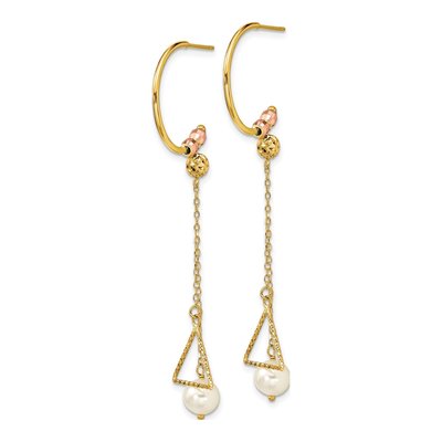 14K Two-Tone Gold Freshwater Cultured Pearl Half Circle Diamond-Cut Dangle Earrings – view 2