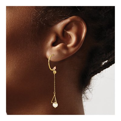 14K Two-Tone Gold Freshwater Cultured Pearl Half Circle Diamond-Cut Dangle Earrings – view 3