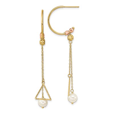 14K Two-Tone Gold Freshwater Cultured Pearl Half Circle Diamond-Cut Dangle Earrings