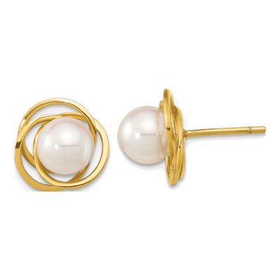 14K Yellow Gold Round Akoya Cultured Pearl Love Knot Stud Earrings