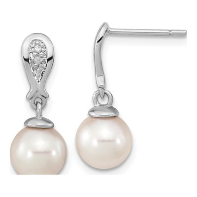 14K White Gold Akoya Cultured Pearl & Diamond Dangle Earrings
