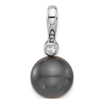 14K White Gold 1/20 ct tw Black Tahitian Cultured Pearl & Diamond Round Pendant