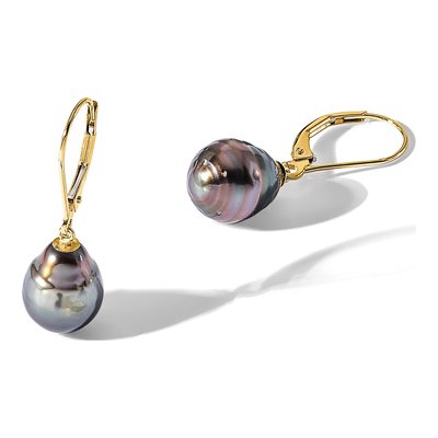 14K Yellow Gold Black Tahitian Cultured Pearl Leverback Earrings – view 5