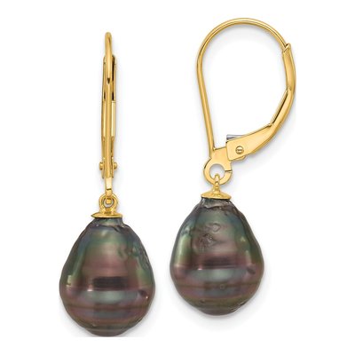 14K Yellow Gold Black Tahitian Cultured Pearl Leverback Earrings
