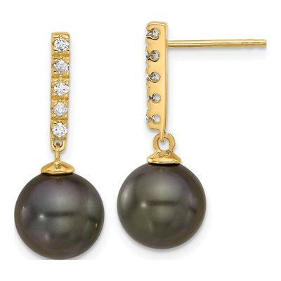 14K Yellow Gold 1/5 ct tw Black Tahitian Cultured Pearl & Diamond Dangle Earrings