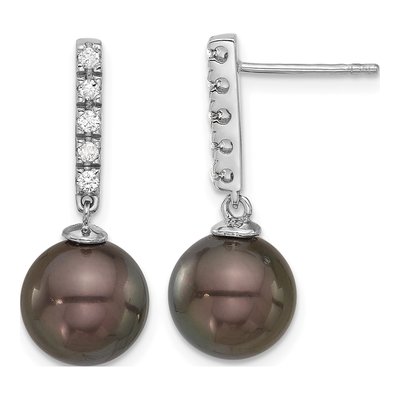 14K White Gold 1/5 ct tw Black Tahitian Cultured Pearl & Diamond Dangle Earrings
