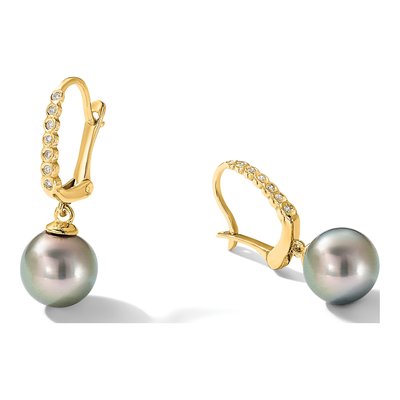 14K Yellow Gold 1/15 ct tw Black Tahitian Cultured Pearl & Diamond Dangle Earrings – view 5