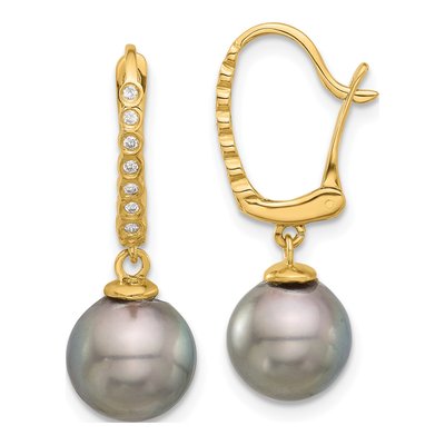 14K Yellow Gold 1/15 ct tw Black Tahitian Cultured Pearl & Diamond Dangle Earrings