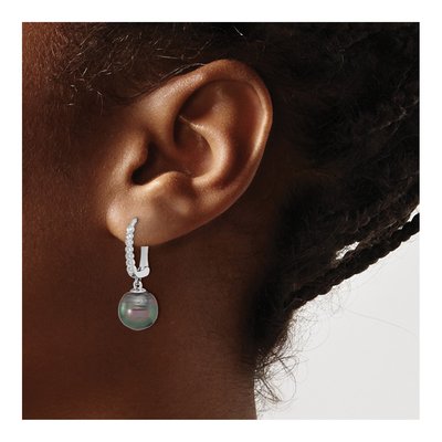 14K White Gold 1/15 ct tw Black Tahitian Cultured Pearl & Diamond Dangle Earrings – view 3