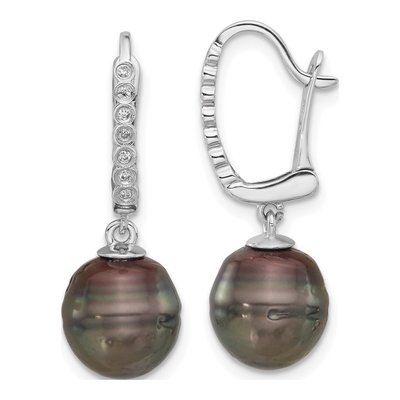 14K White Gold 1/15 ct tw Black Tahitian Cultured Pearl & Diamond Dangle Earrings