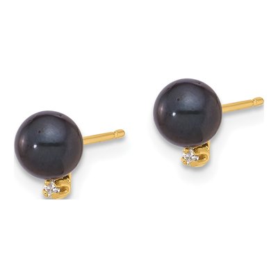 14K Yellow Gold Round Black Akoya Cultured Pearl & Diamond Stud Earrings – view 2